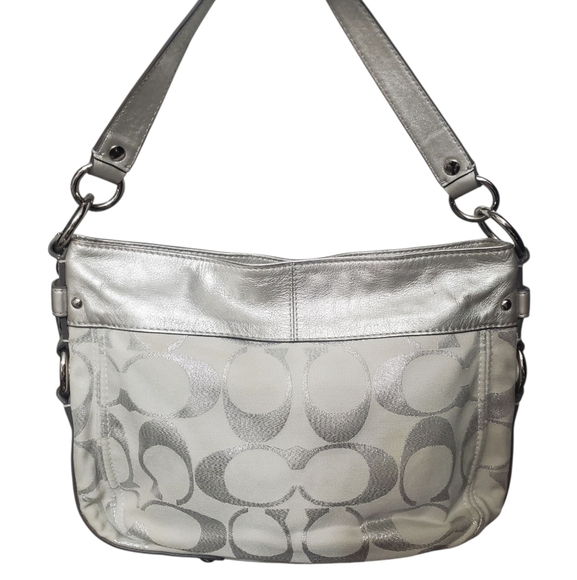 Coach Zoe Ivory/Silver Lurex Metallic Signature Leather Trim Shoulder Hobo 15647